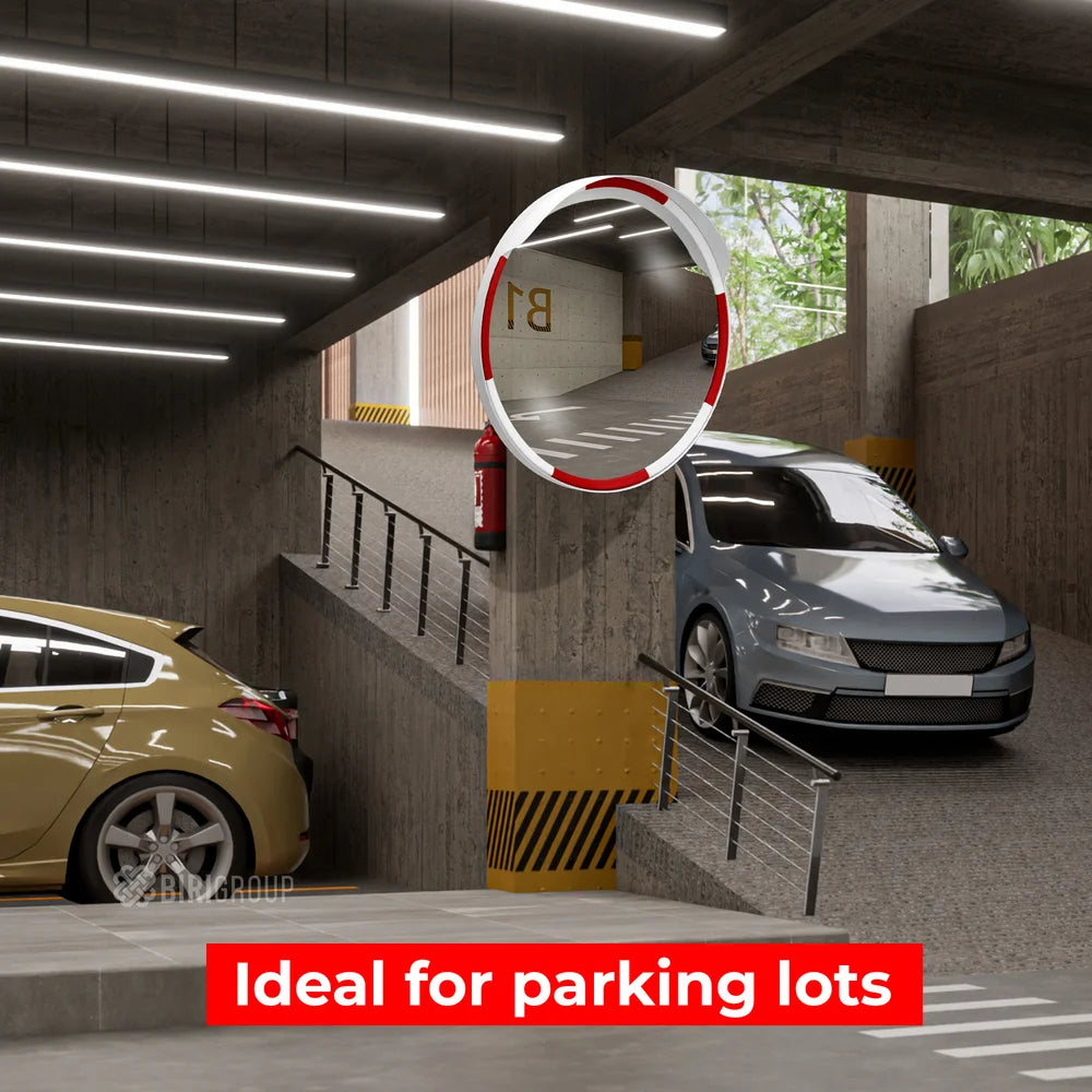 Underground parking garage with cars and a circular inset showing a different angle.