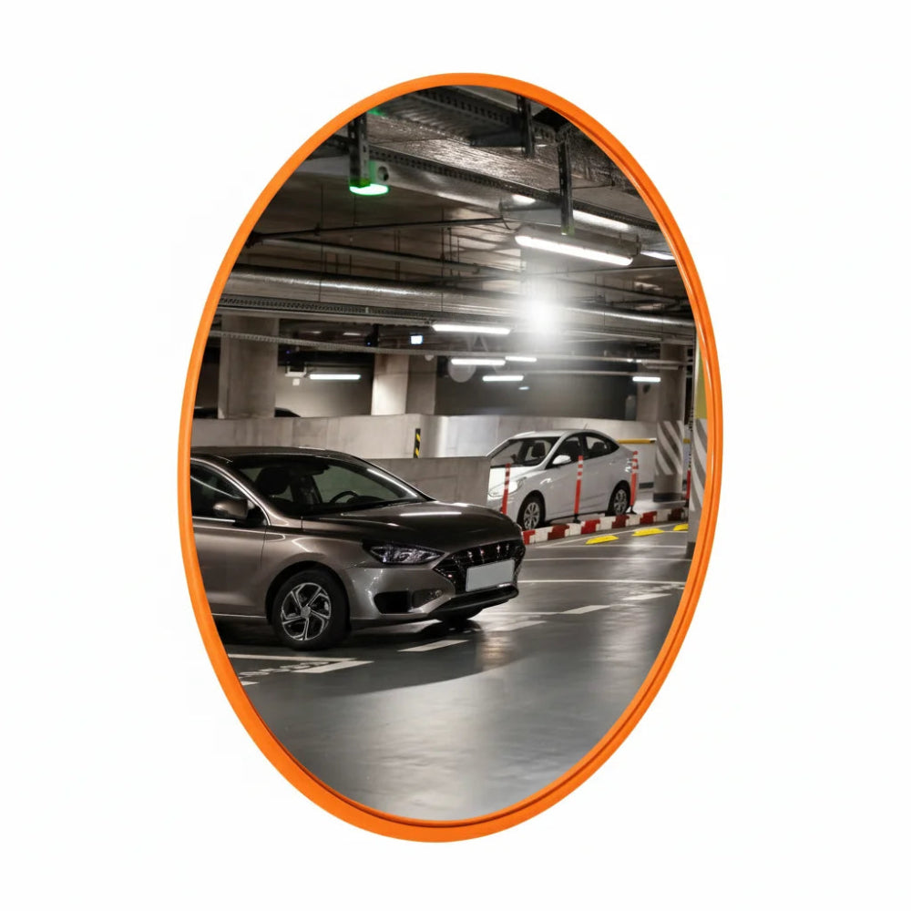 Convex mirror showing a parking garage with cars