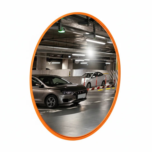 Convex mirror showing a parking garage with cars