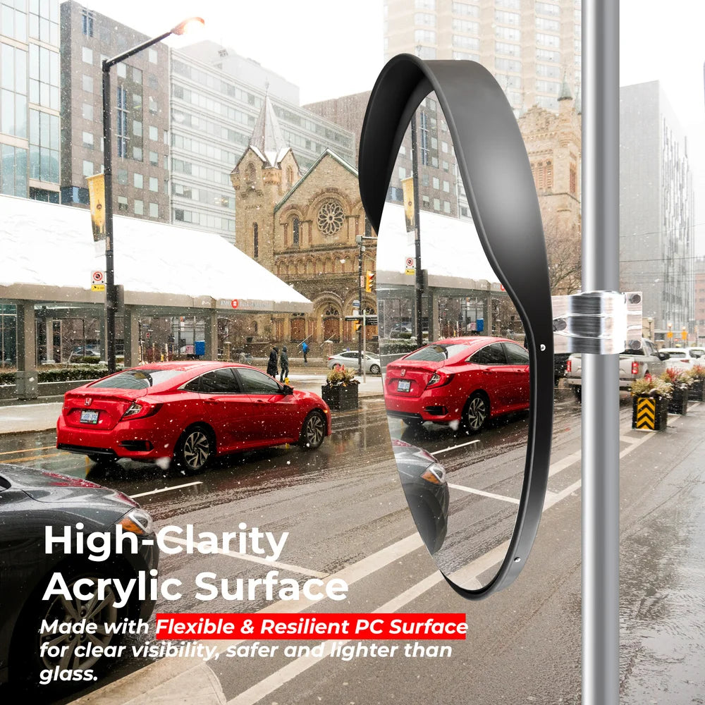 Street mirror with high-clarity acrylic surface on a city street background