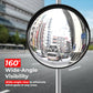 Wide-angle road mirror with urban street reflection, emphasizing 130-degree visibility.