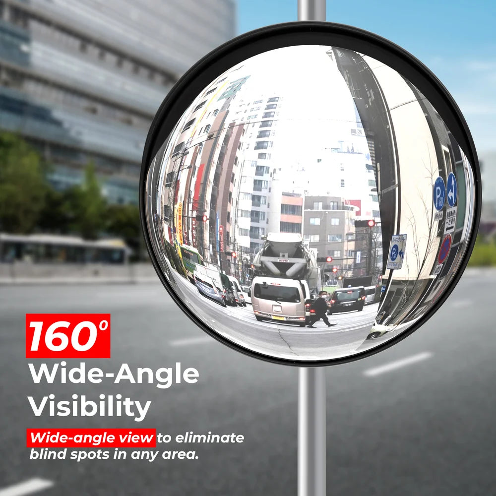 Wide-angle road mirror with urban street reflection, emphasizing 130-degree visibility.