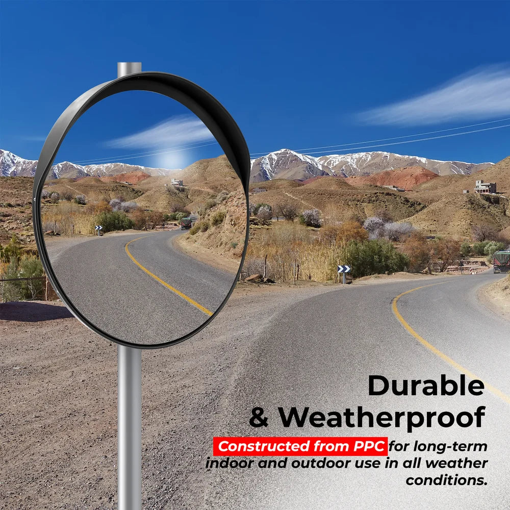 Roadside mirror with mountainous landscape in the background
