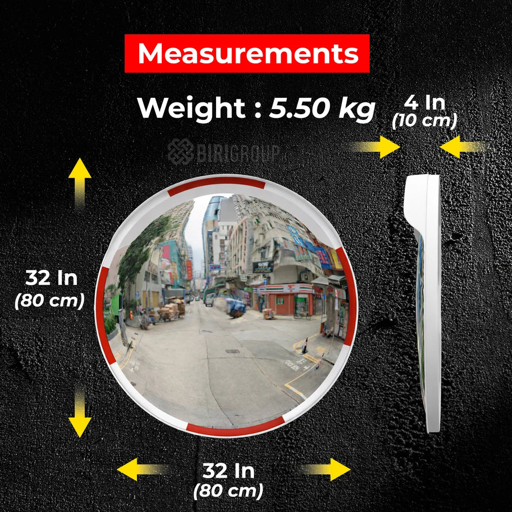 Convex mirror with measurements and weight displayed on a black background