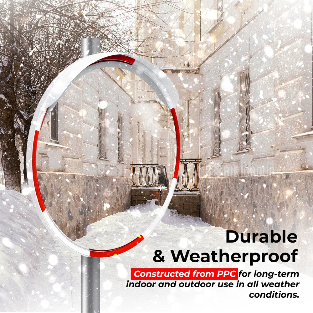 Snowy outdoor scene with a circular mirror reflecting a building, text about durability and weatherproofing.