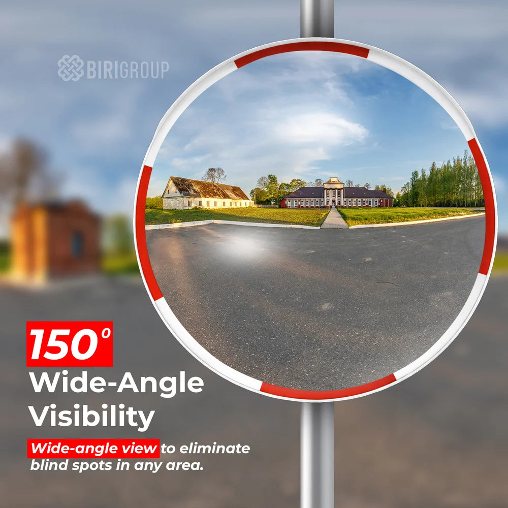 Wide-angle road mirror with a scenic view of houses and trees, featuring 150-degree wide-angle visibility.