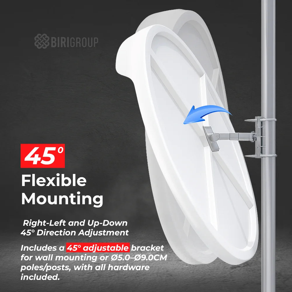 45-degree flexible mounting bracket with adjustable bracket for wall or pole mounting on a dark background.
