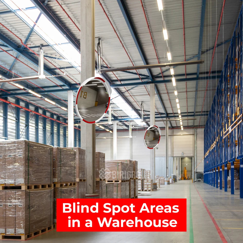 Warehouse interior with blind spot area mirrors highlighted.